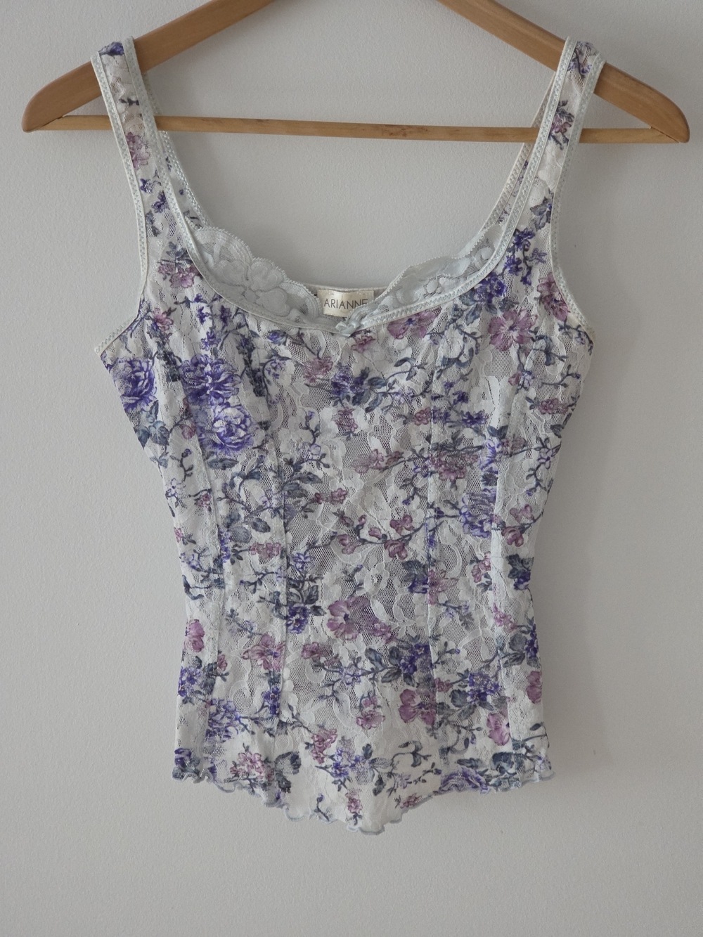 Arianne Vintage White Floral Lace Tank Top with Purple Accents